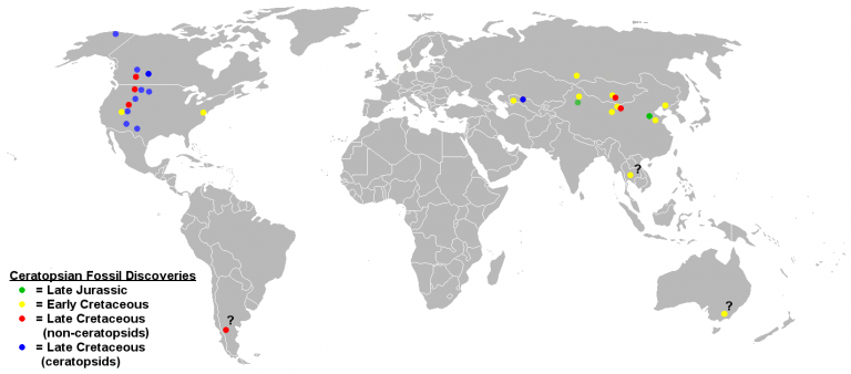 Ceratopsian fossil discoveries. The presence of Jurassic ceratopsians only in Asia indicates an Asian origin for the group, while the more derived ceratopsids occur only in North America save for one Asian species. Questionable remains are indicated with question marks. By Sheep81