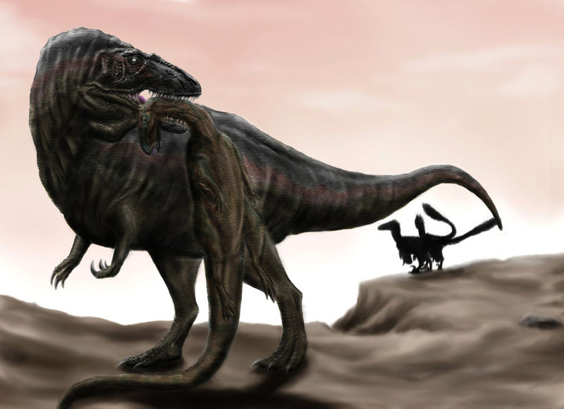 Acrocanthosaurus carrying a Tenontosaurus carcass away from a pair of Deinonychus