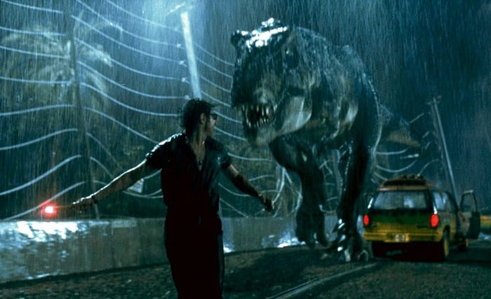 An oncoming T. rex in the 1993 film "Jurassic Park." "Jurassic Park"