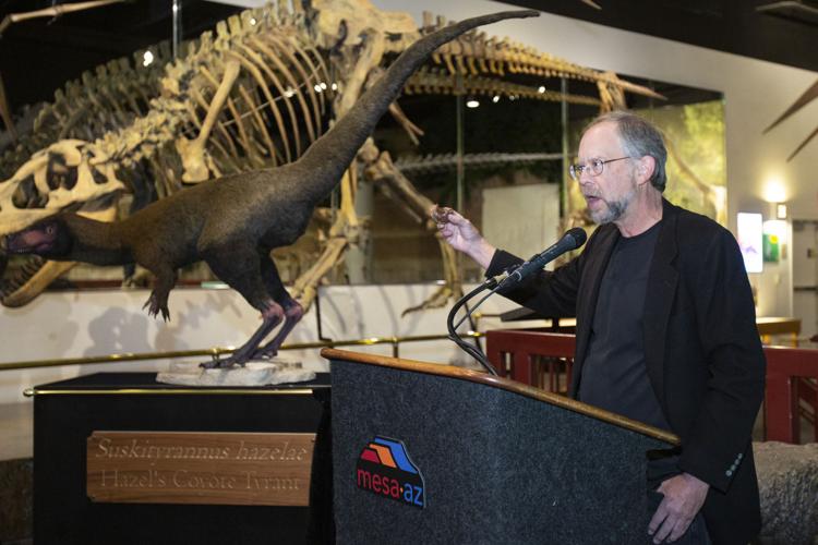 Douglas Wolfe, who co-discovered the bones of the latest dinosaur addition at the museum, talks about the creature’s likely diet and other features.  Kimberly Carrillo/Tribune Staff Photographer