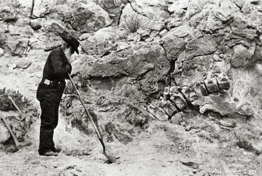 George A. Goodrich, leaning on a shovel, standing next to the original dinosaur