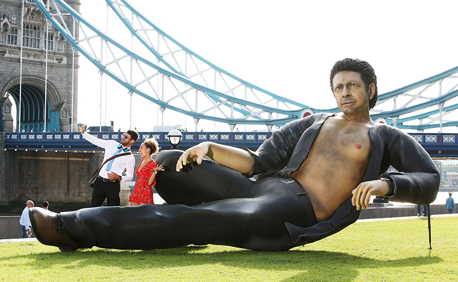 Now TV re-creates Jurassic Park's most famous meme with a 25-foot statue of Jeff Goldblum's torso in front of Tower Bridge to mark the 25th anniversary of the movie.  Joe Pepler/Now TV