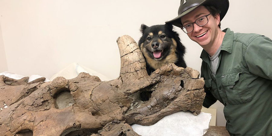 Hannah the dinosaur, Hannah the dog, and Dr. Scott Persons (photo source: College of Charleston)