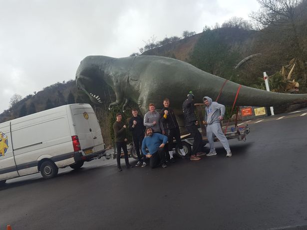 Jerry Adams bought the 15ft dinosaur after Dan-yr-Ogof Showcaves auctioned it off for charity (Image: Samantha Adams)