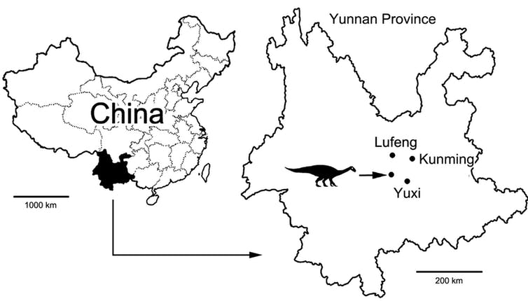 Map showing the location of the dinosaur fossil discovery. Lida Xing