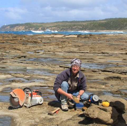 The late David Pickering on the coastal shore-platform near the fossil vertebrate locality of Eric the Red West, where Diluvicursor pickeringi was discovered. Credit: Matt Herne