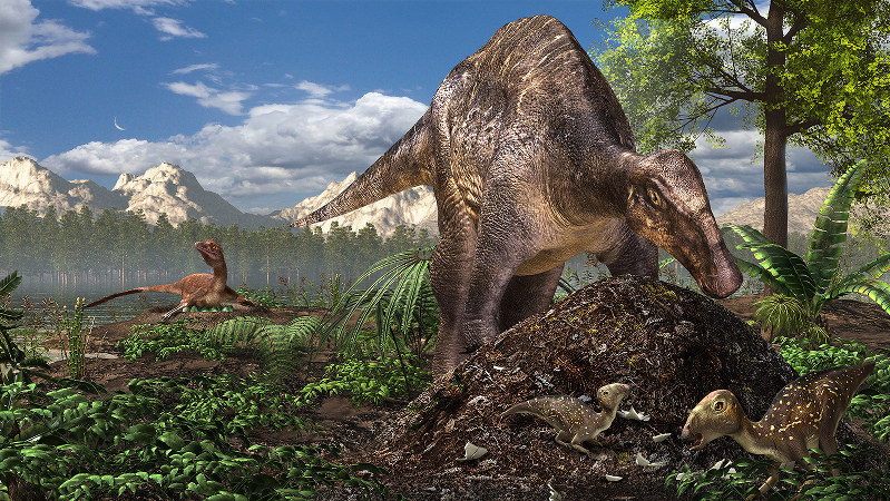 This artist's image shows a hadrosaurus, a dinosaur that is thought to have used heat from microbial decay to warm its eggs. (Image by Masato Hattori, courtesy of the Nagoya University Museum)