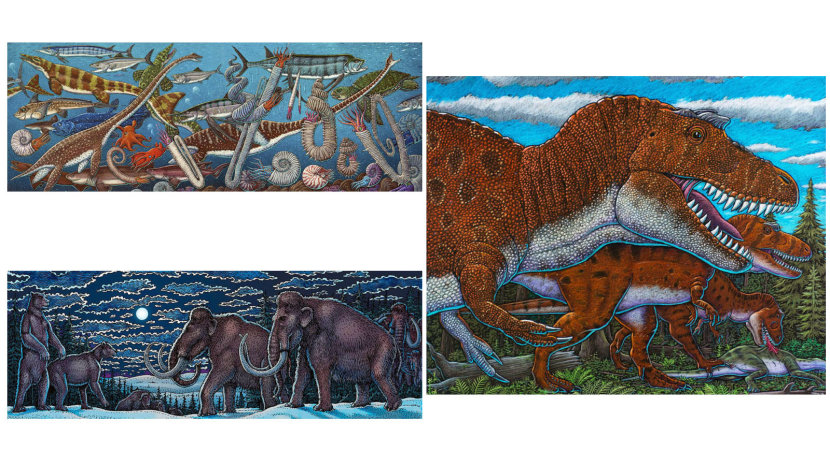 (Clockwise from top left) "North Pacific Cretaceous Marine Life," "Nanuqsaurus (the 'Polar Bear Lizard)" and "Mega Bears and Mighty Mammoths" are all examples of paleoart illustrated by paleoartist Ray Troll. PHOTOS COURTESY RAY TROLL