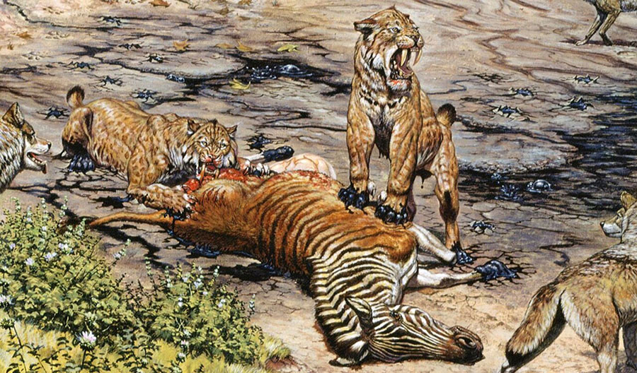 A detail from the 1988 Mark Hallett mural, ‘Trapped in Time,’ depicting saber-toothed cats digging into prey. Image credit: La Brea Tar Pits.
