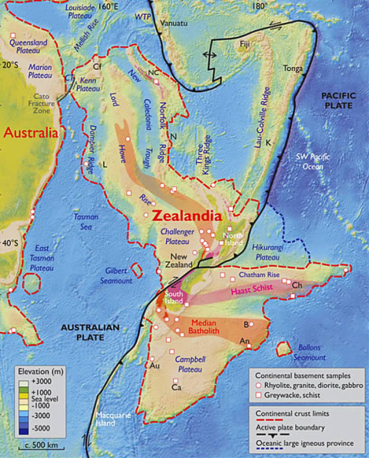 Based on various lines of geological and geophysical evidence, particularly those accumulated in the last two decades, Nick Mortimer et al argue that Zealandia is not a collection of partly submerged continental fragments but is a coherent 4.9 million km2 continent. NC – New Caledonia; WTP – West Torres Plateau; CT – Cato Trough; Cf – Chesterfield Islands; L – Lord Howe Island; N – Norfolk Island; K – Kermadec Islands; Ch – Chatham Islands; B – Bounty Islands; An – Antipodes Islands; Au – Auckland Islands; Ca – Campbell Island. Image credit: Nick Mortimer et al, doi: 10.1130/GSATG321A.1.