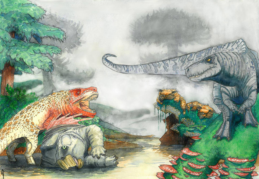 An artist’s reconstruction of two rauisuchians fighting over a desiccated corpse of a mammal-relative in the Triassic of southern Africa. In the background, dinosaurs and mammal-like reptiles form other parts of the ecosystem. Image credit: Viktor Radermacher.