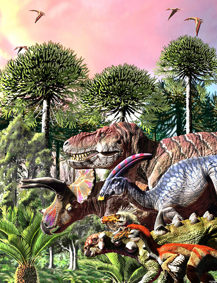 Condamine et al. analyze the speciation-extinction dynamics for six key dinosaur families, and find a decline across dinosaurs, where diversification shifted to a declining-diversity pattern 76 million years ago. Image credit: Jorge Gonzalez.