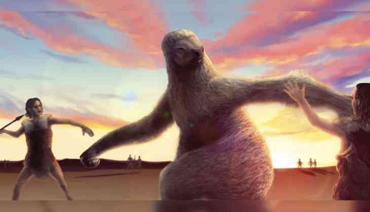 A dramatic rendering of a giant sloth being confronted by human hunters  Alex McClelland, Bournemouth University